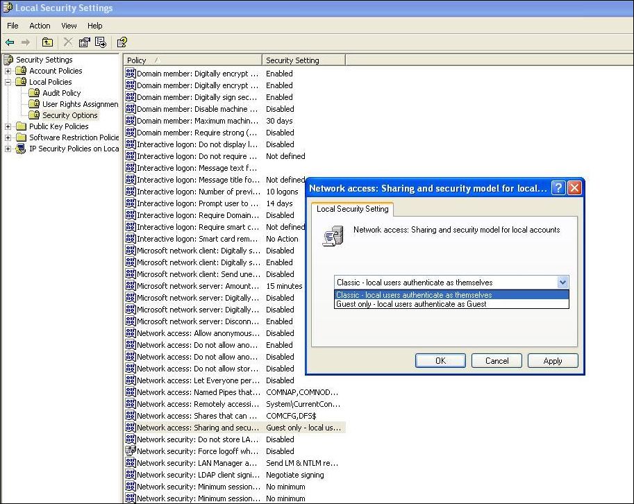 Network access local security settings