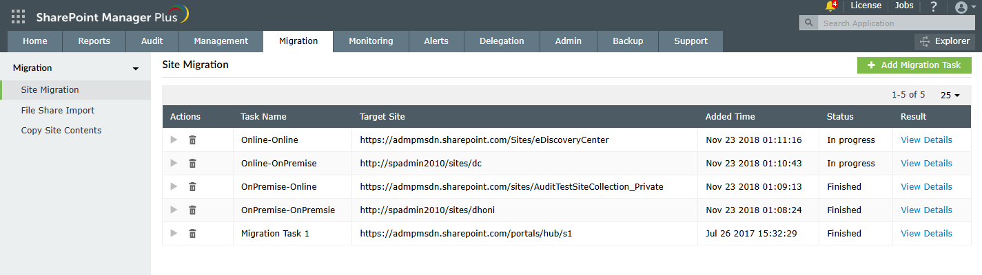 Monitoring a SharePoint migration task using SharePoint Manager Plus