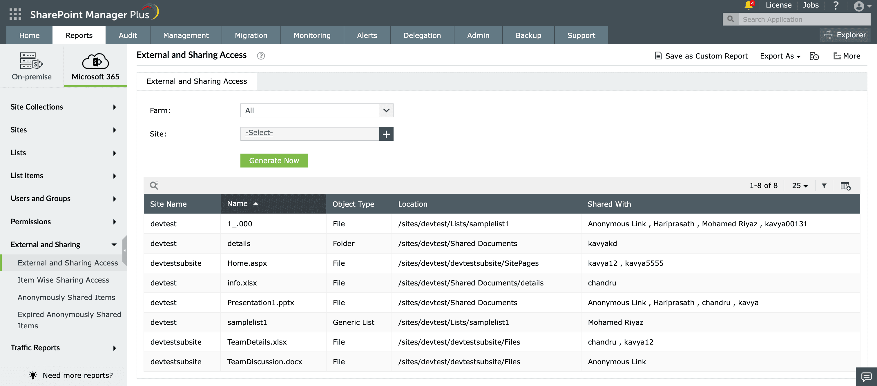 The External and Sharing Access report in SharePoint Manager Plus.
