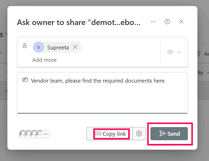 Send and Copy link options used to grant access to a SharePoint folder