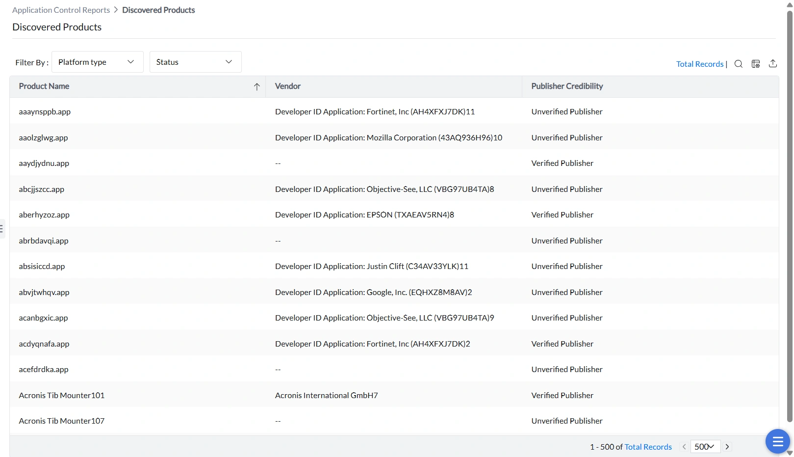 Discovered Apps Report showing a table of applications with vendor, name, and policy association columns. Discovered Apps Report showing a table of applications with vendor, name, and policy association columns.