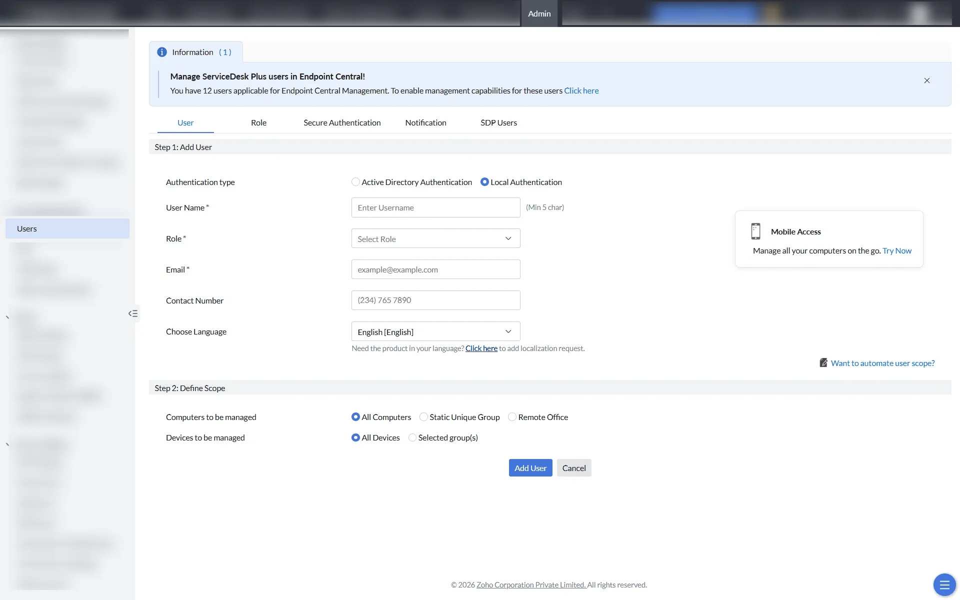 User and role administration