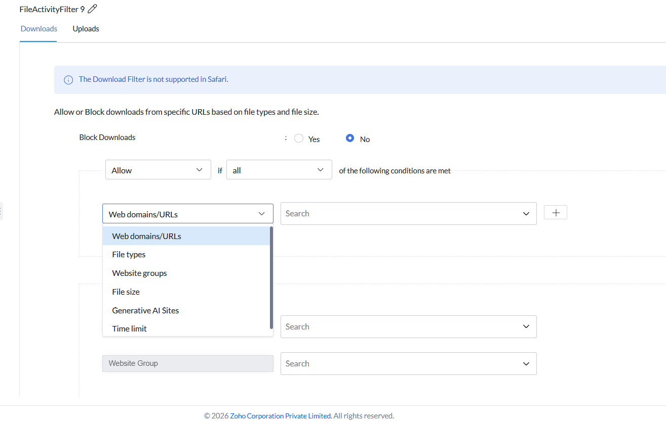 File Activity Restriction conditions for blocking downloads and uploads.