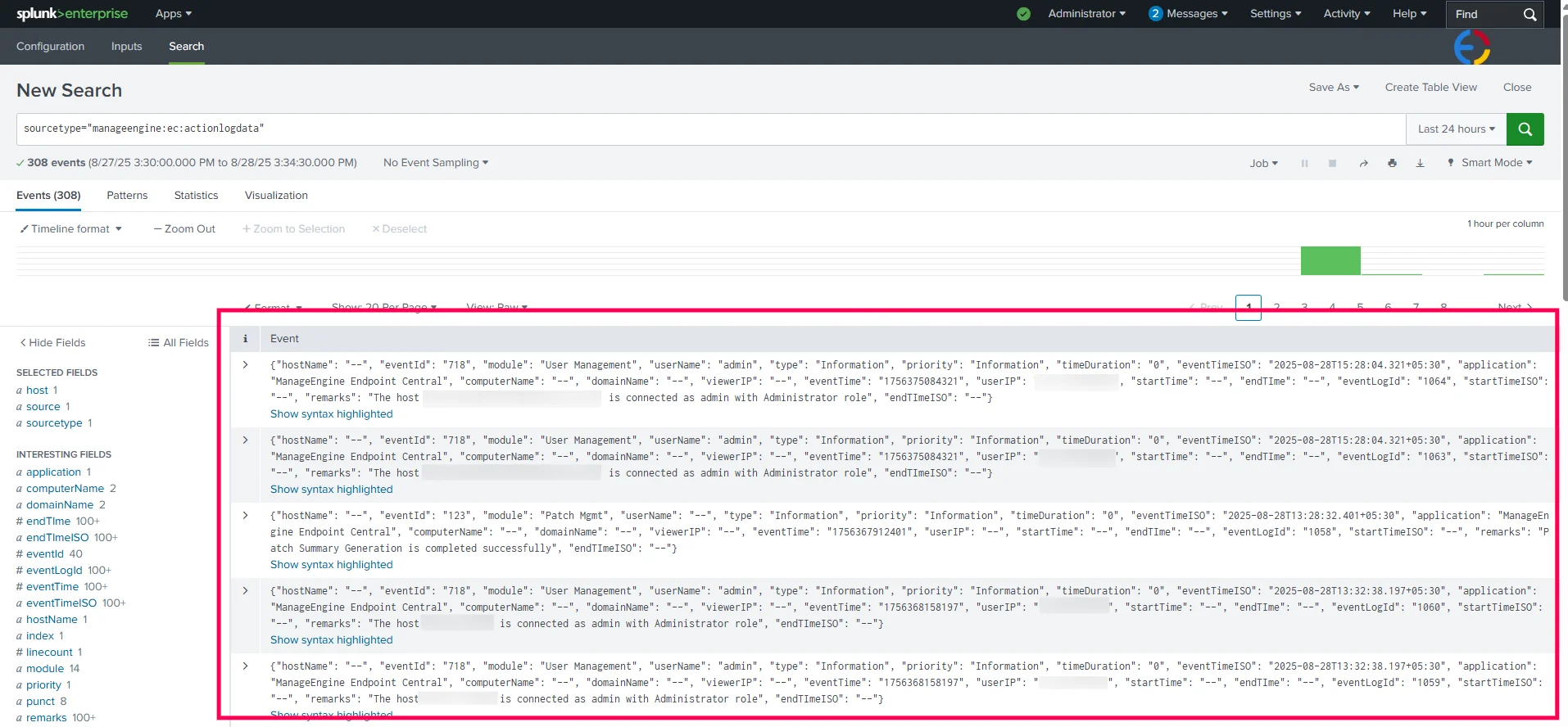 Splunk Vulnerability and Action Log Data Splunk search results showing vulnerability and action log data sourcetypes from Endpoint Central