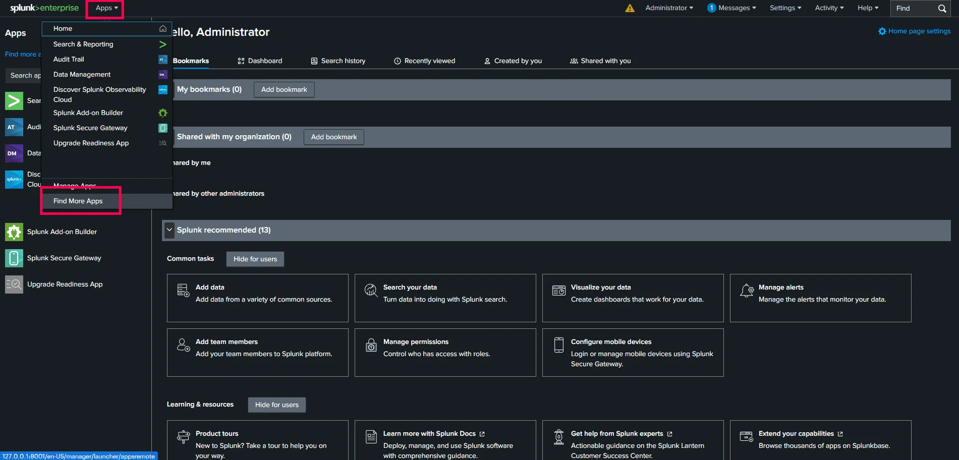 Splunk Apps Menu Splunk Apps header menu showing the Find More Apps option
