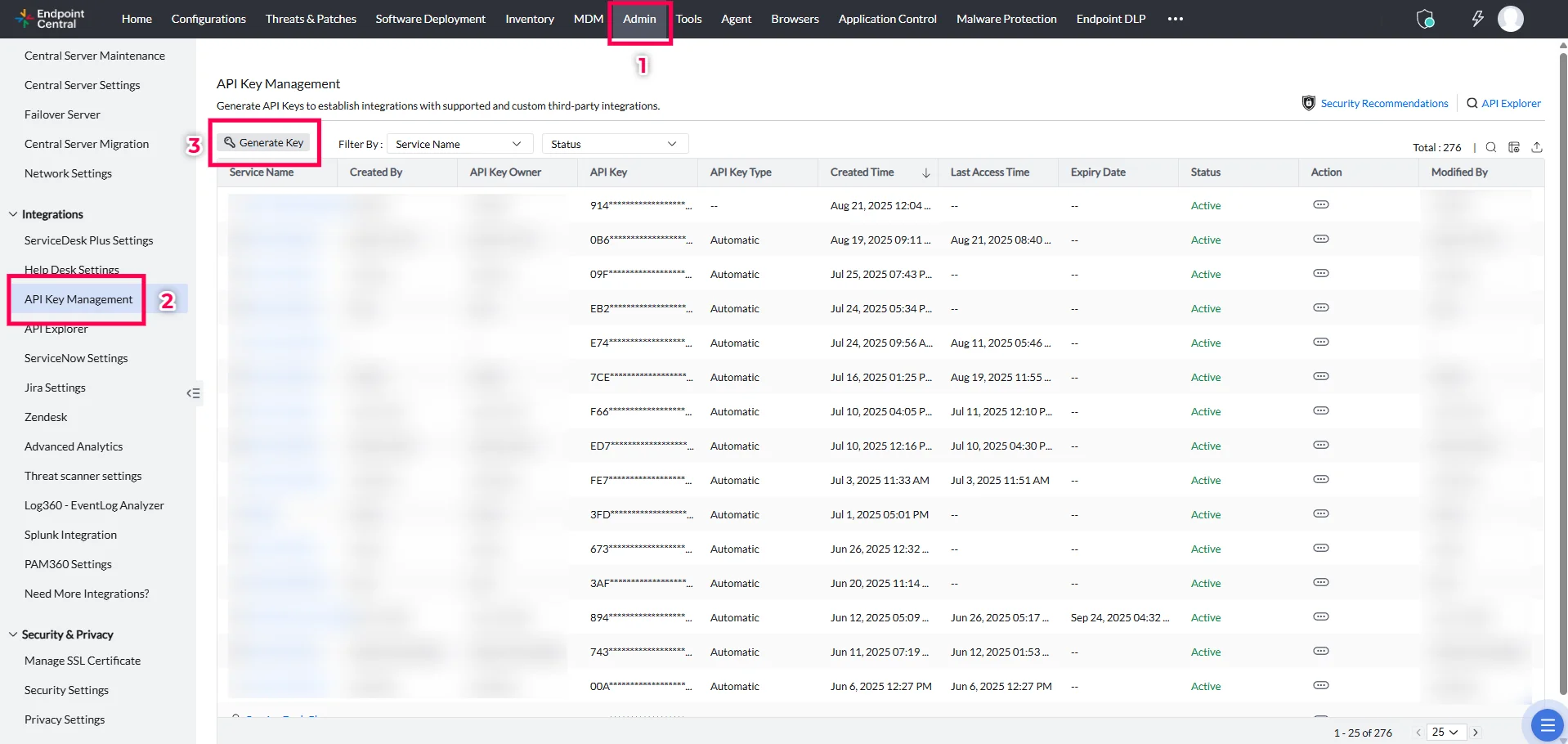 Generate Key Page API Key Management page in Endpoint Central showing the Generate Key button