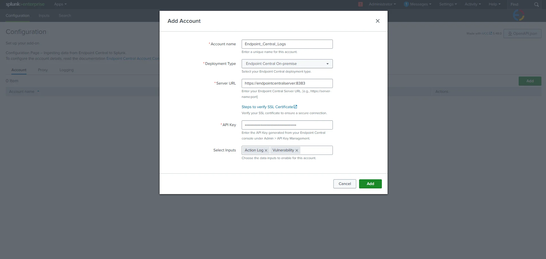 Splunk Valid Inputs Splunk configuration form showing Account Name, Deployment Type, Server URL, API Key, and Select Inputs fields