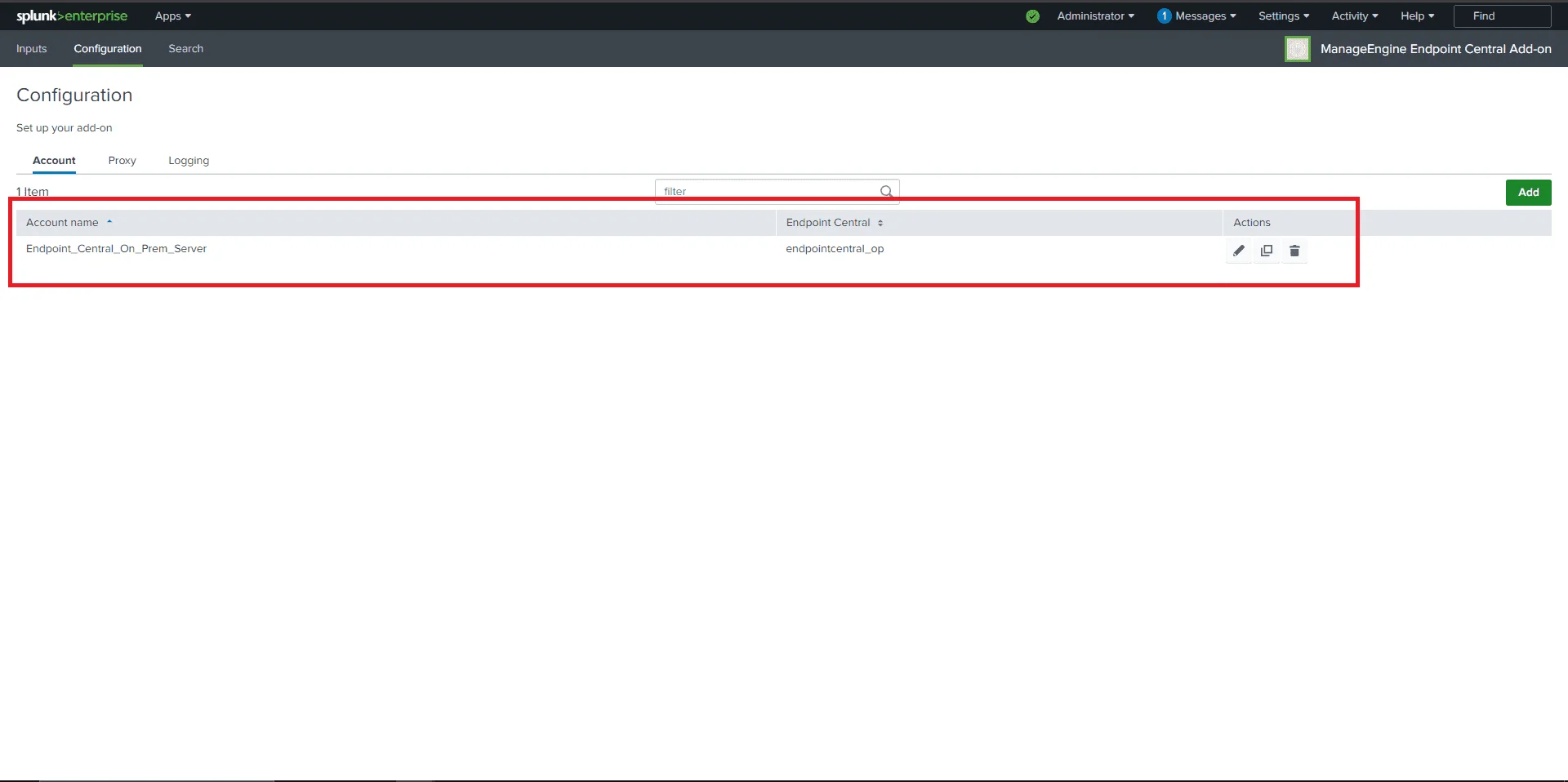 Account Config Splunk Accounts section showing the newly added Endpoint Central configuration entry