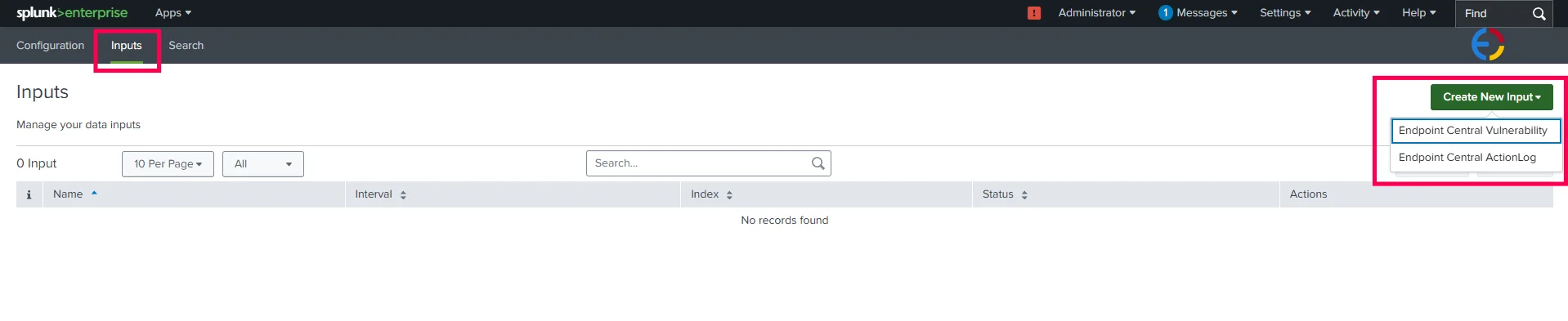 Create Input Splunk Inputs tab showing the Create New Input button with log type selection options