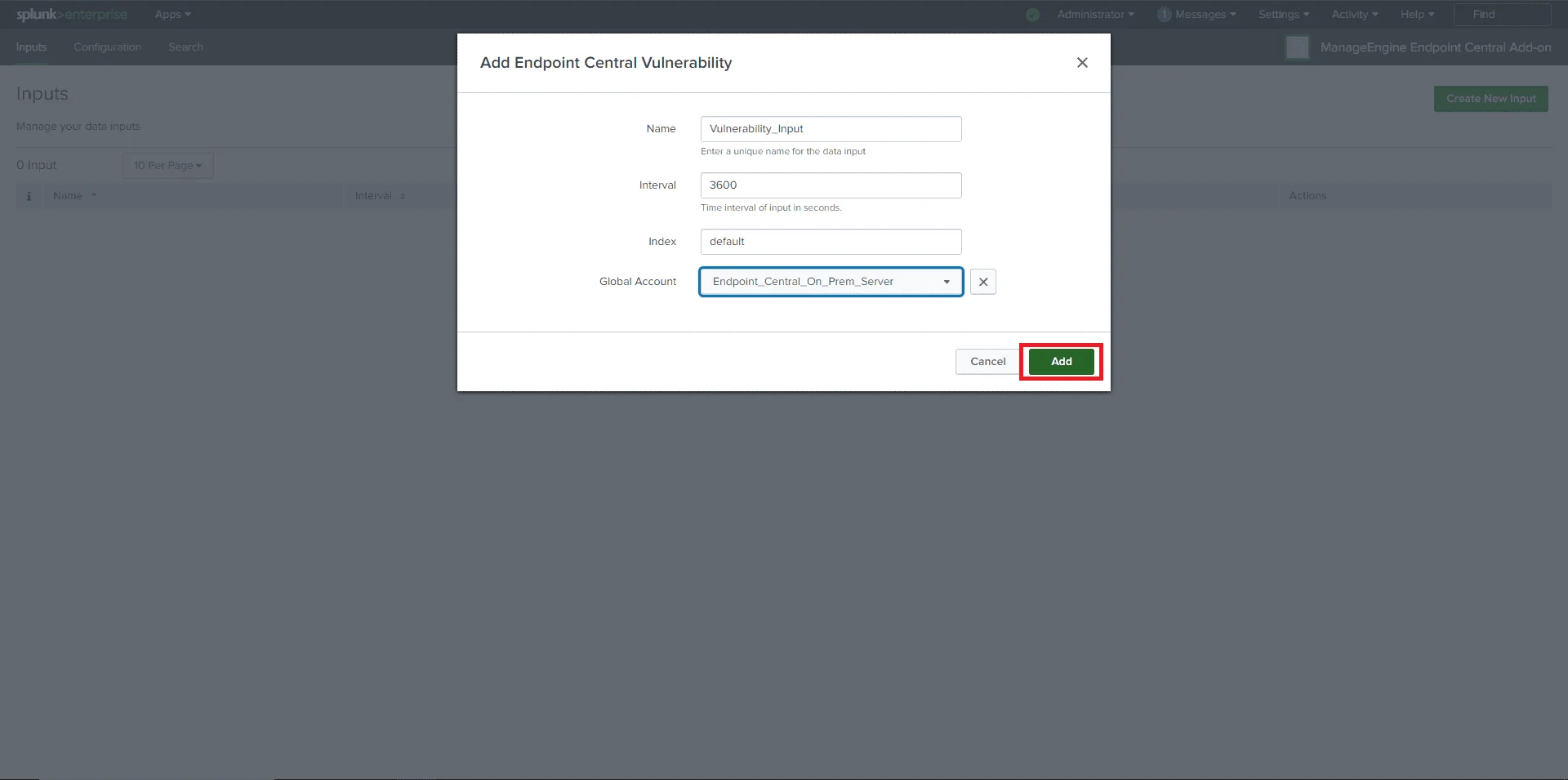 Input Config Splunk Create Input form showing Name, Interval, Index, and Global Account fields