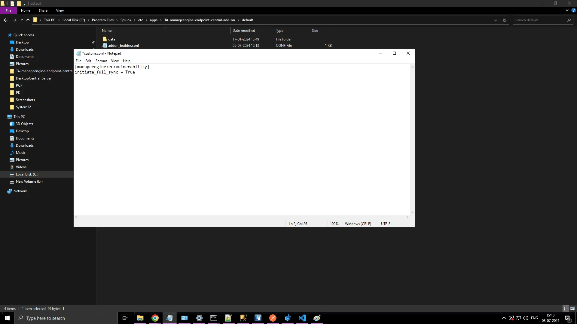 Custom Conf Splunk default directory showing the custom.conf file created for initiating full sync