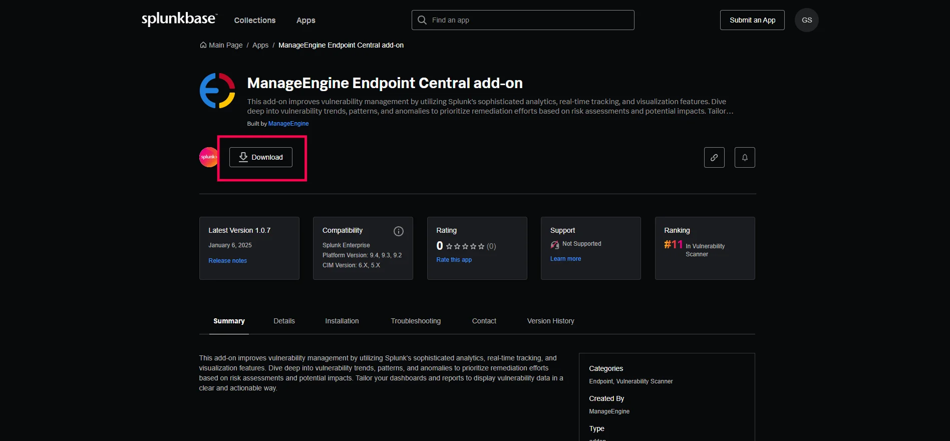 Splunk Add-On Search Splunk Marketplace search results showing the ManageEngine Endpoint Central Add-On app
