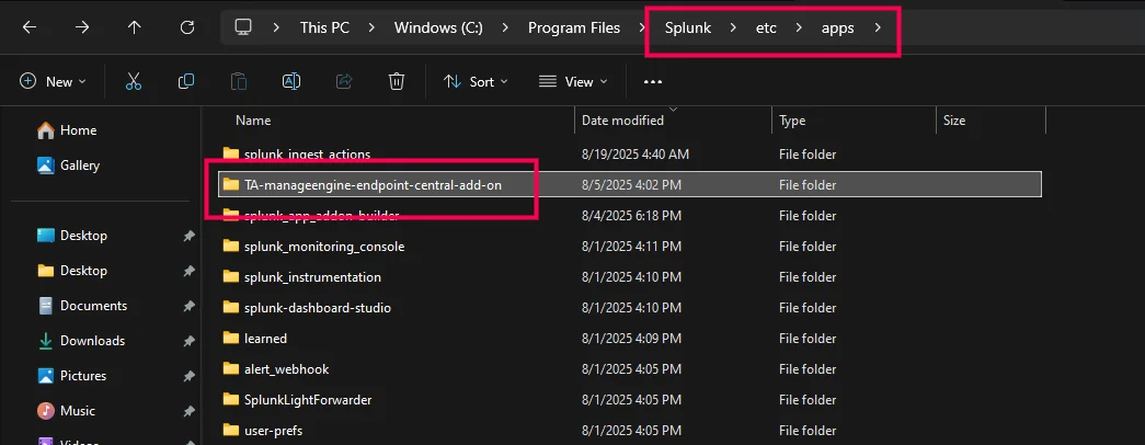 Splunk Directory Splunk directory structure showing the TA-manageengine-endpoint-central-add-on folder path