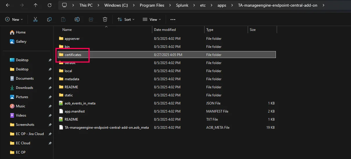 Create Certificates Folder New certificates folder created inside the TA-manageengine-endpoint-central-add-on directory