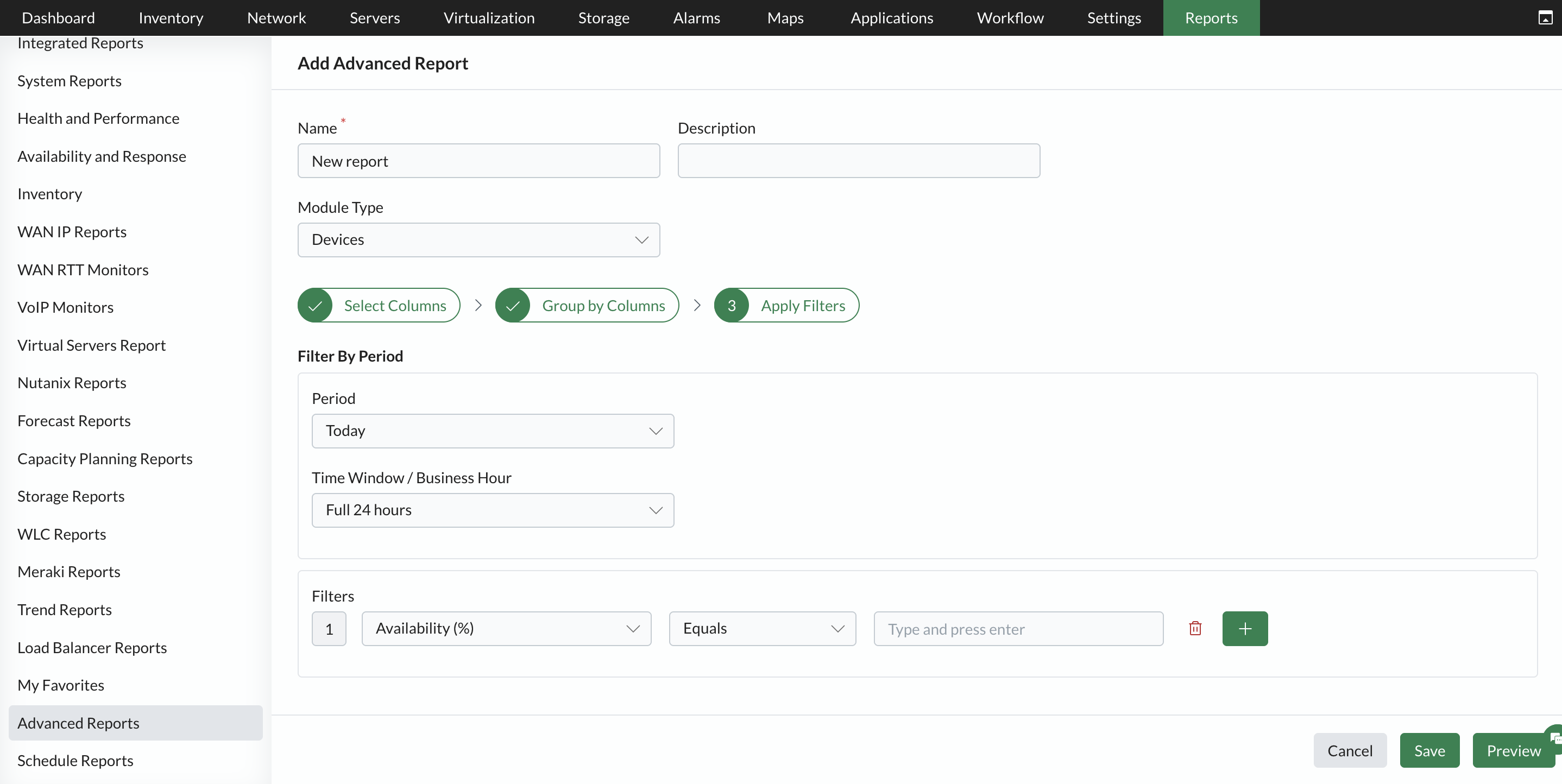 Apply Filters OpManager advanced reports: Apply Filters