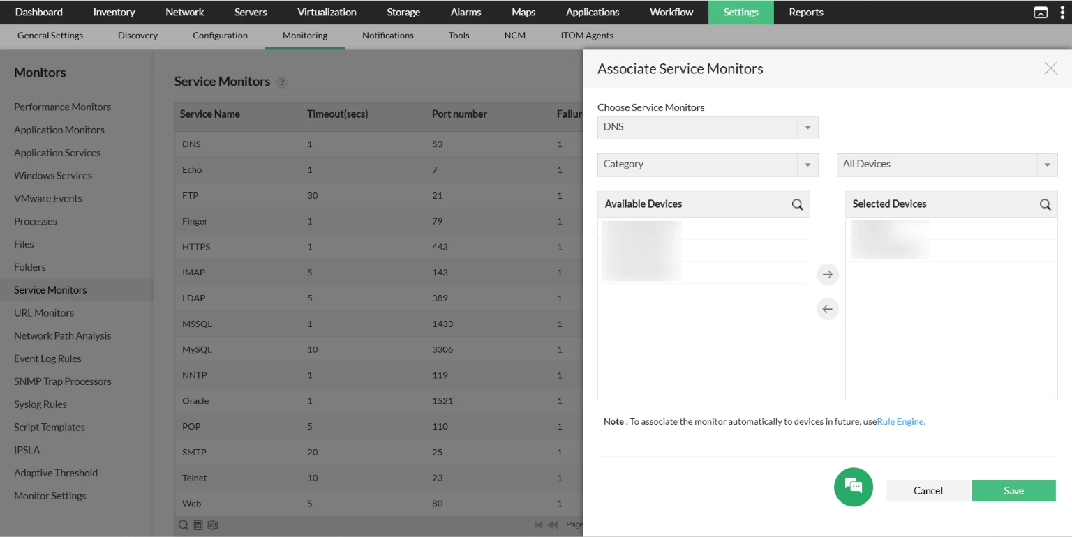 TCP services in OpManager: Associate service to devices