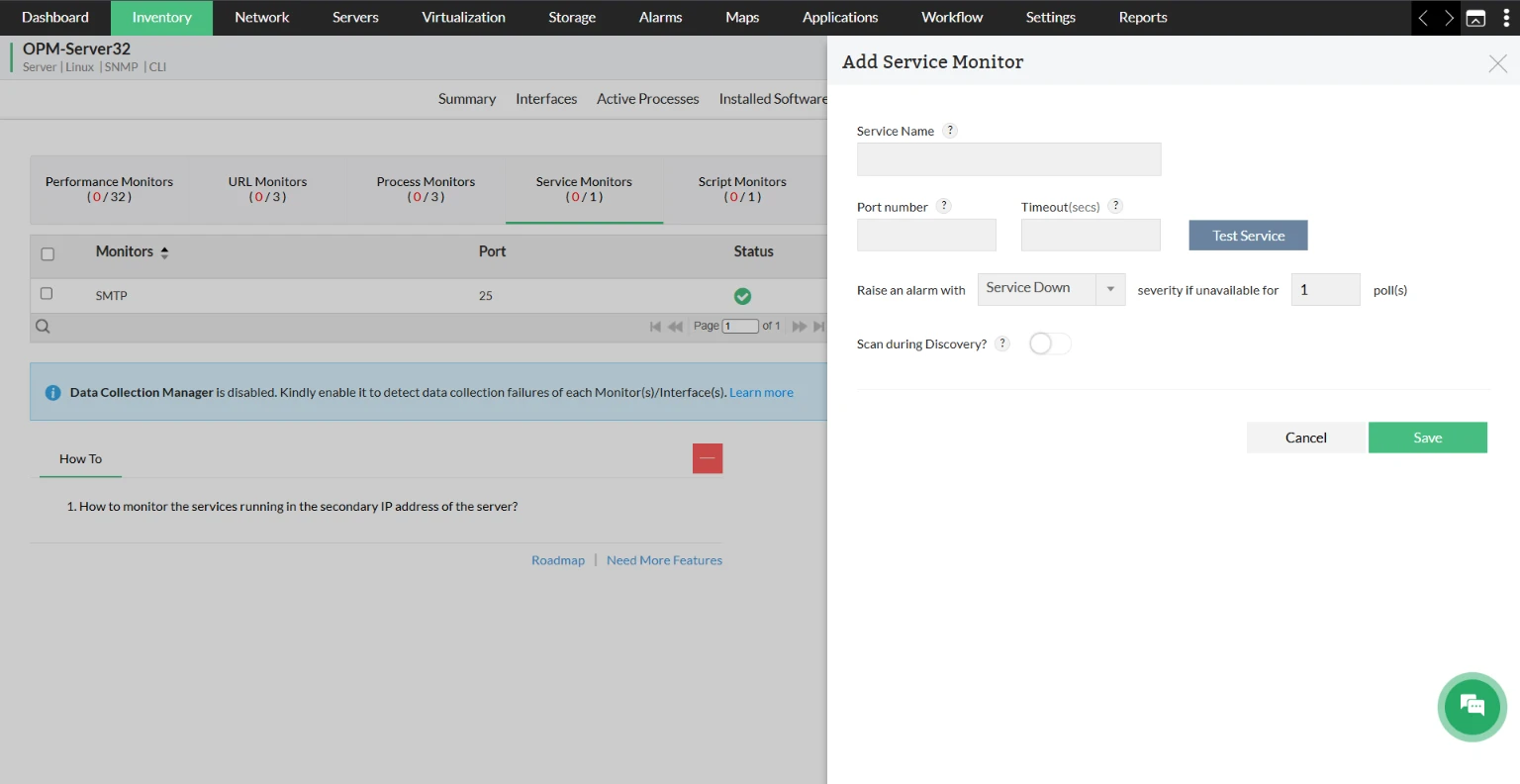 TCP services in OpManager: Add monitor from device snapshot page