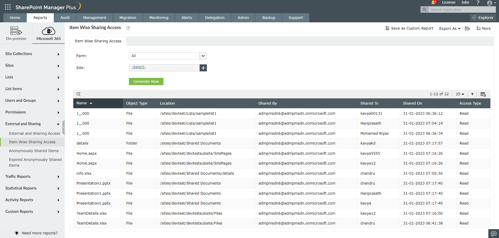 A report generated on external sharing access using SharePoint Manager Plus