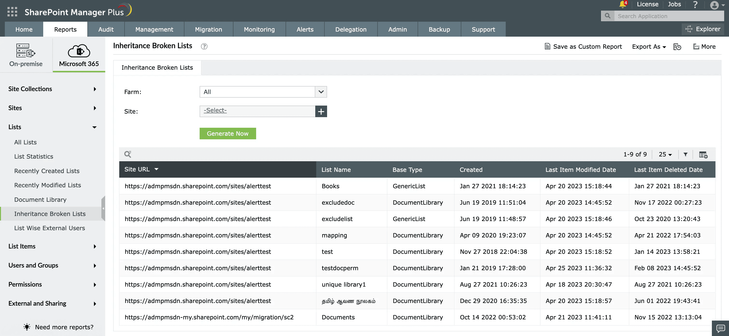 A report generated on non-inheriting lists using SharePoint Manager Plus