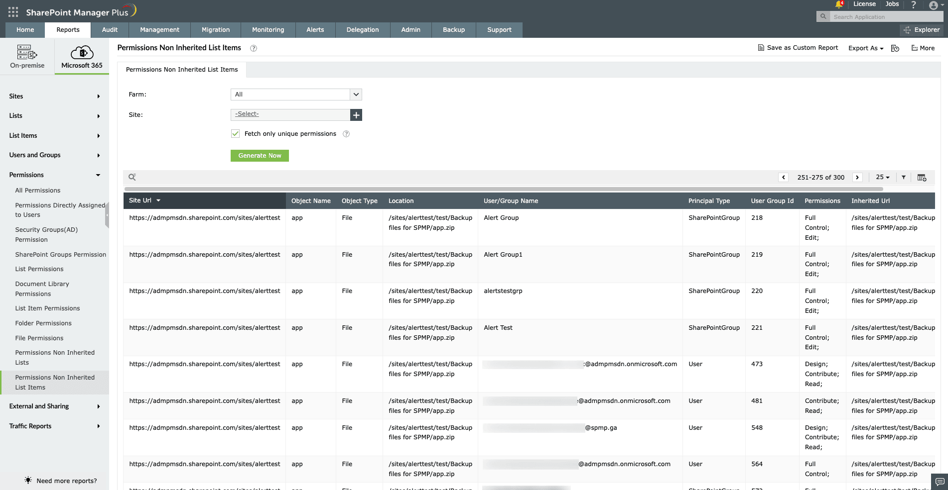 A report generated on non-inheriting list items using SharePoint Manager Plus