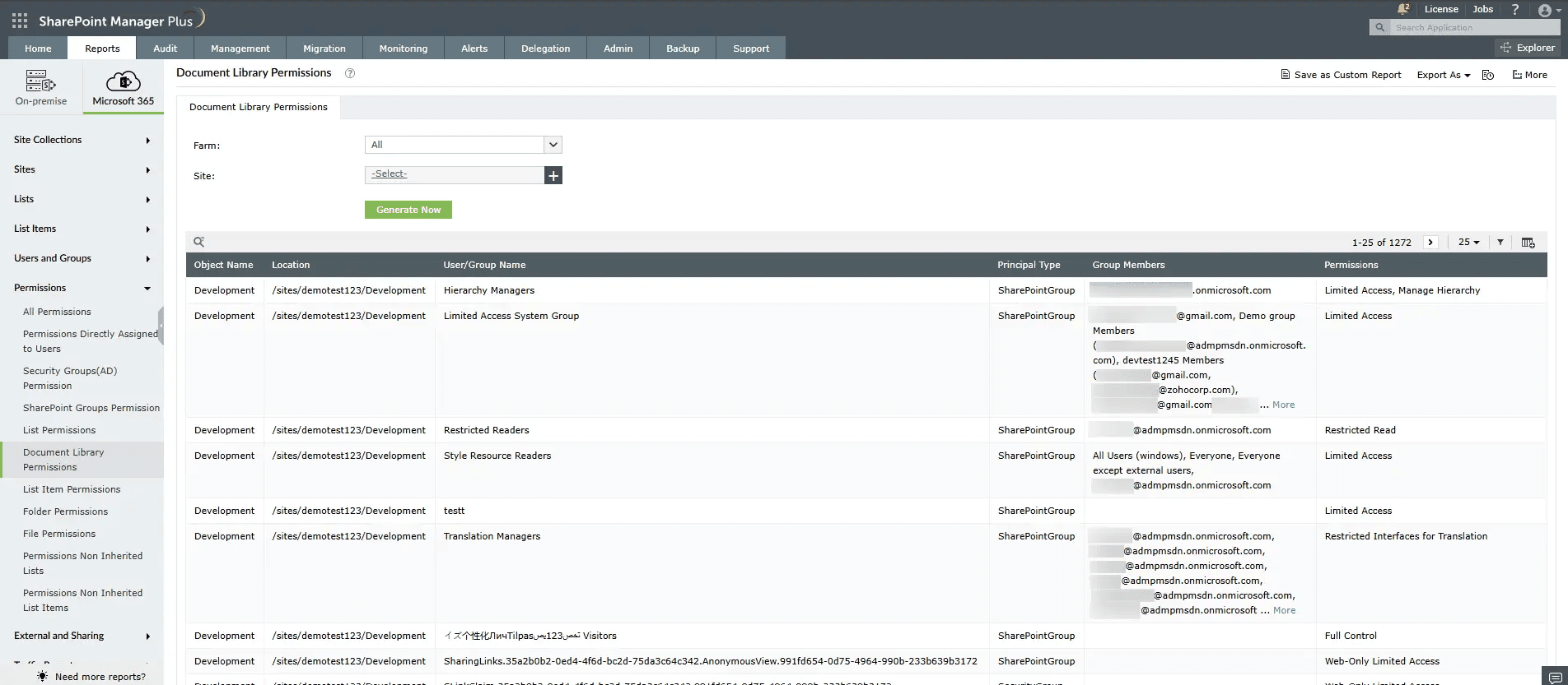 The Document Library Permissions report in SharePoint Manager Plus