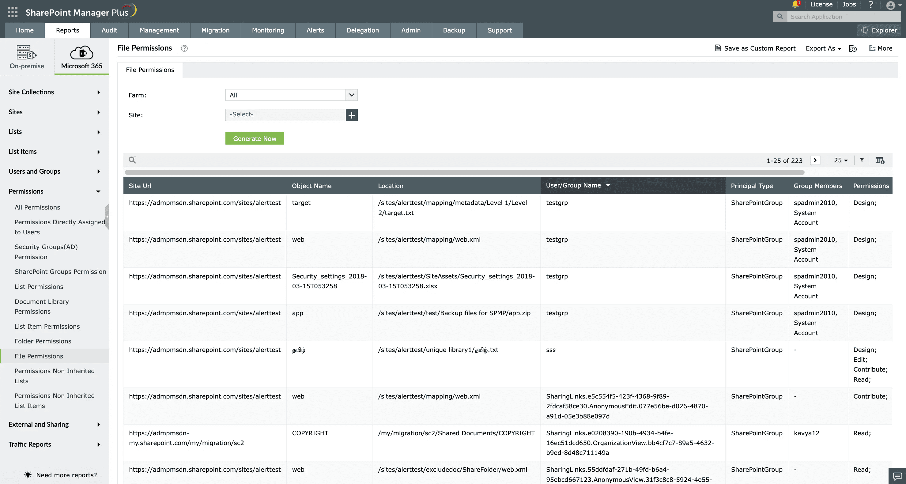 The File Permissions report in SharePoint Manager Plus
