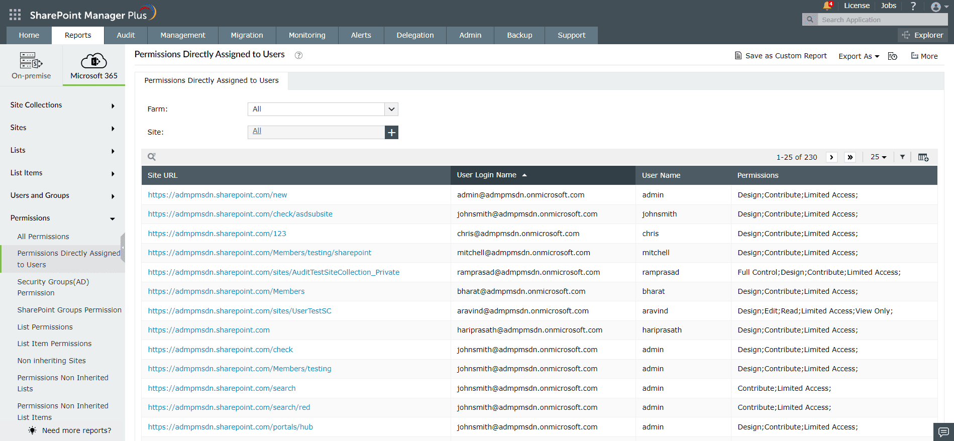 A report generated on directly assigned site permissions using SharePoint Manager Plus