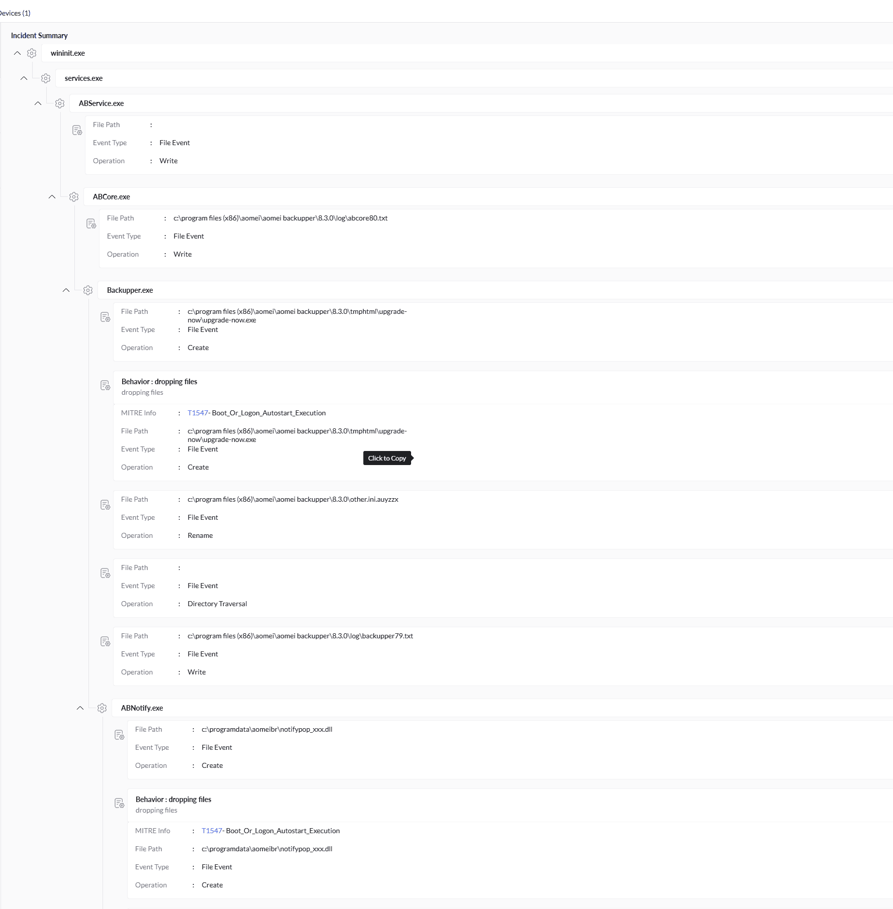 EDR incident timeline showing the process lineage on the affected endpoint, from wininit.exe through ABService.exe and Backupper.exe to ABNotify.exe