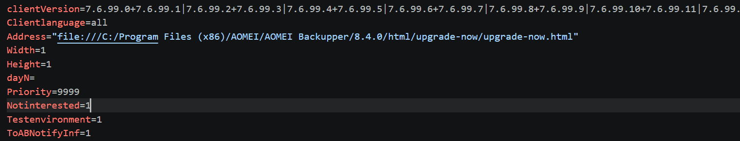 Notifycfg.ini as served during the July 16 window, pointing the pop-up at a local upgrade-now.html file