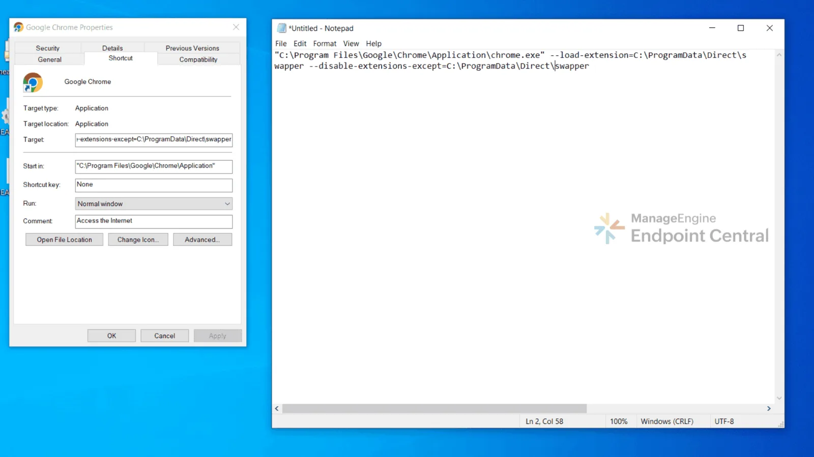 Google Chrome shortcut properties with load-extension and disable-extensions-except flags appended to the target