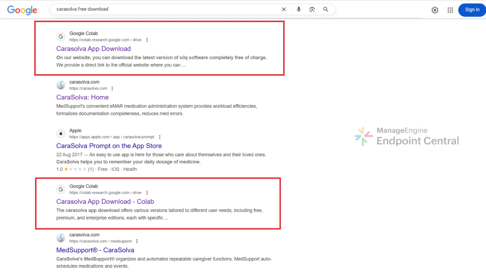 Google search results for a software download query with two Google Colab notebook listings highlighted