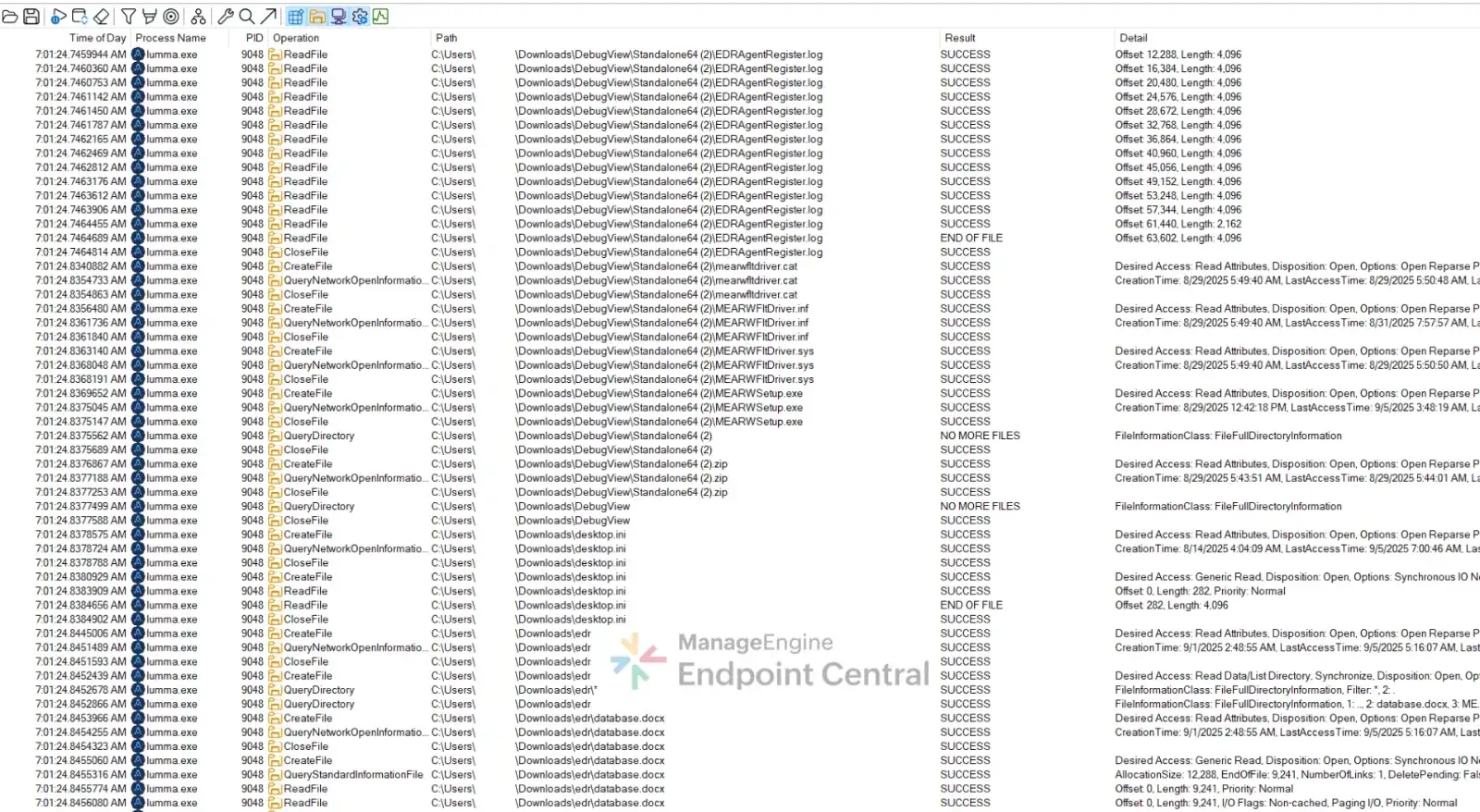 Process Monitor capture of the malware recursively reading documents and databases across the user profile
