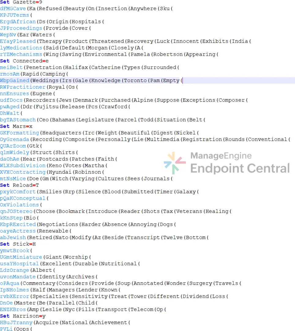 The obfuscated Ob.bmp.cmd script padded with environment variables and dead code