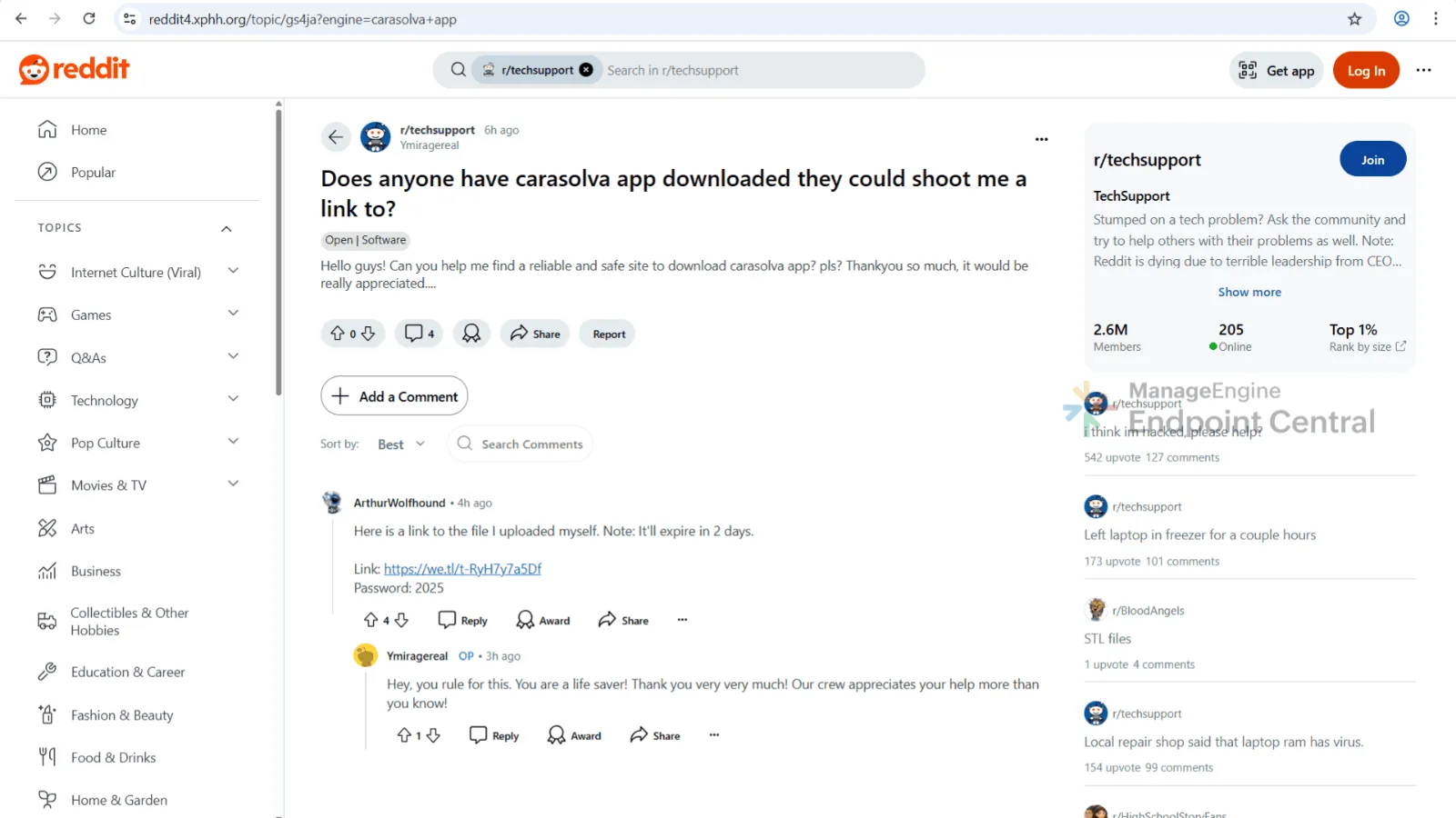 Reddit look-alike discussion page hosting a download link and password for the supposed software