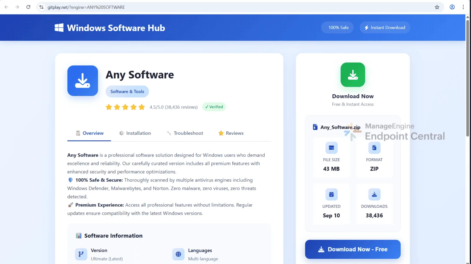 Windows Software Hub look-alike download page serving the malicious ZIP archive