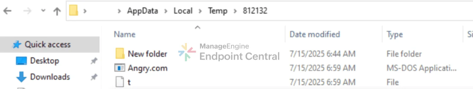 Angry.com alongside the concatenated t.a3x payload in the Temp working directory