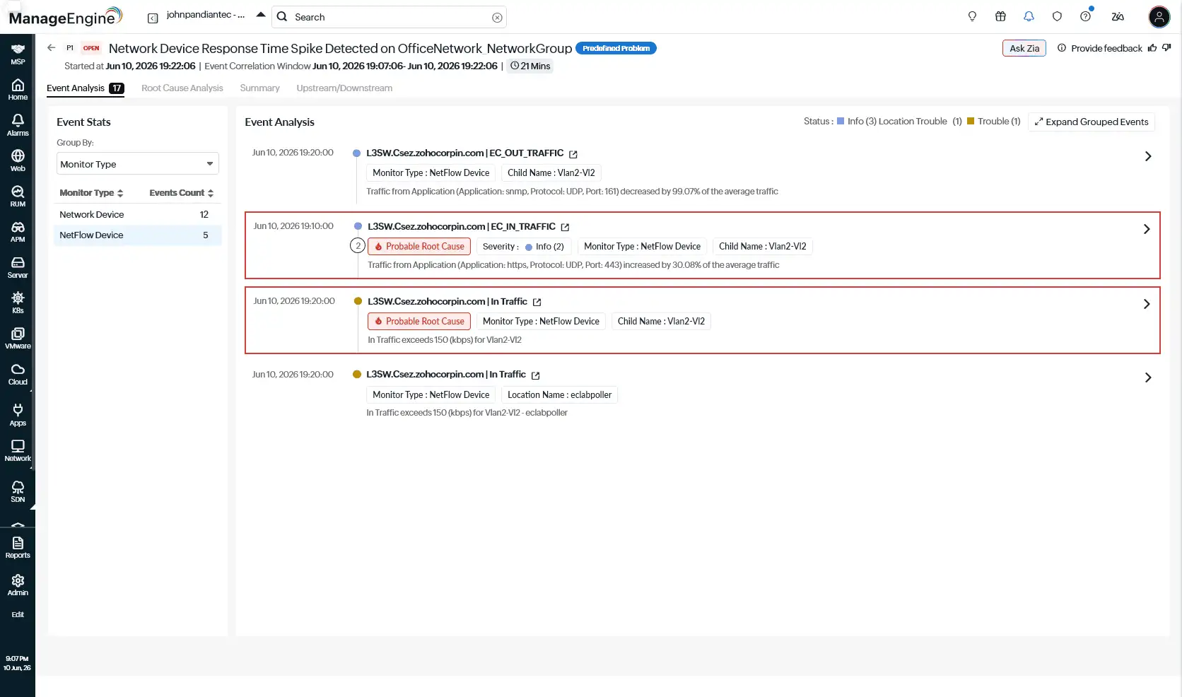 The event analysis flagging a NetFlow probable root cause as HTTPS traffic rises 30.08 percent