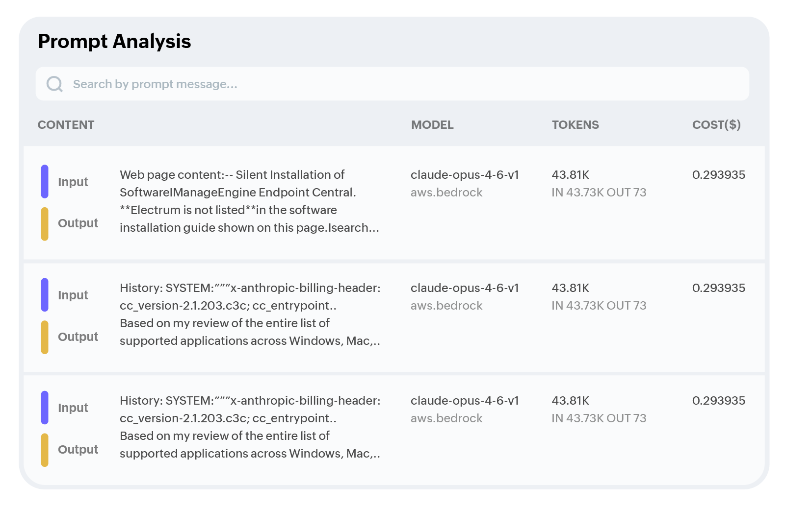 Prompt analysis view showing input and output content, cost, and latency per LLM call