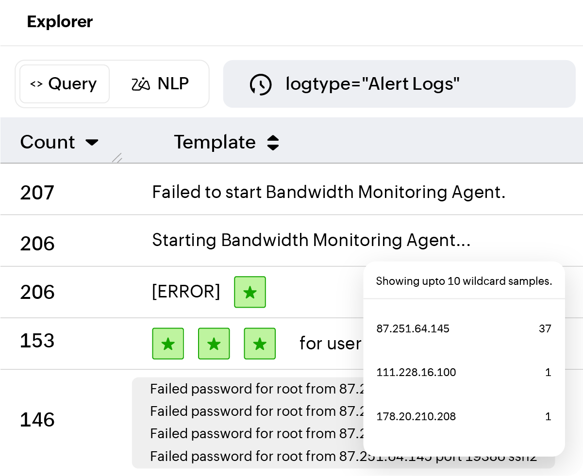 OpManager Nexus log management dashboard highlighting recurring log patterns and related events to accelerate root-cause analysis.