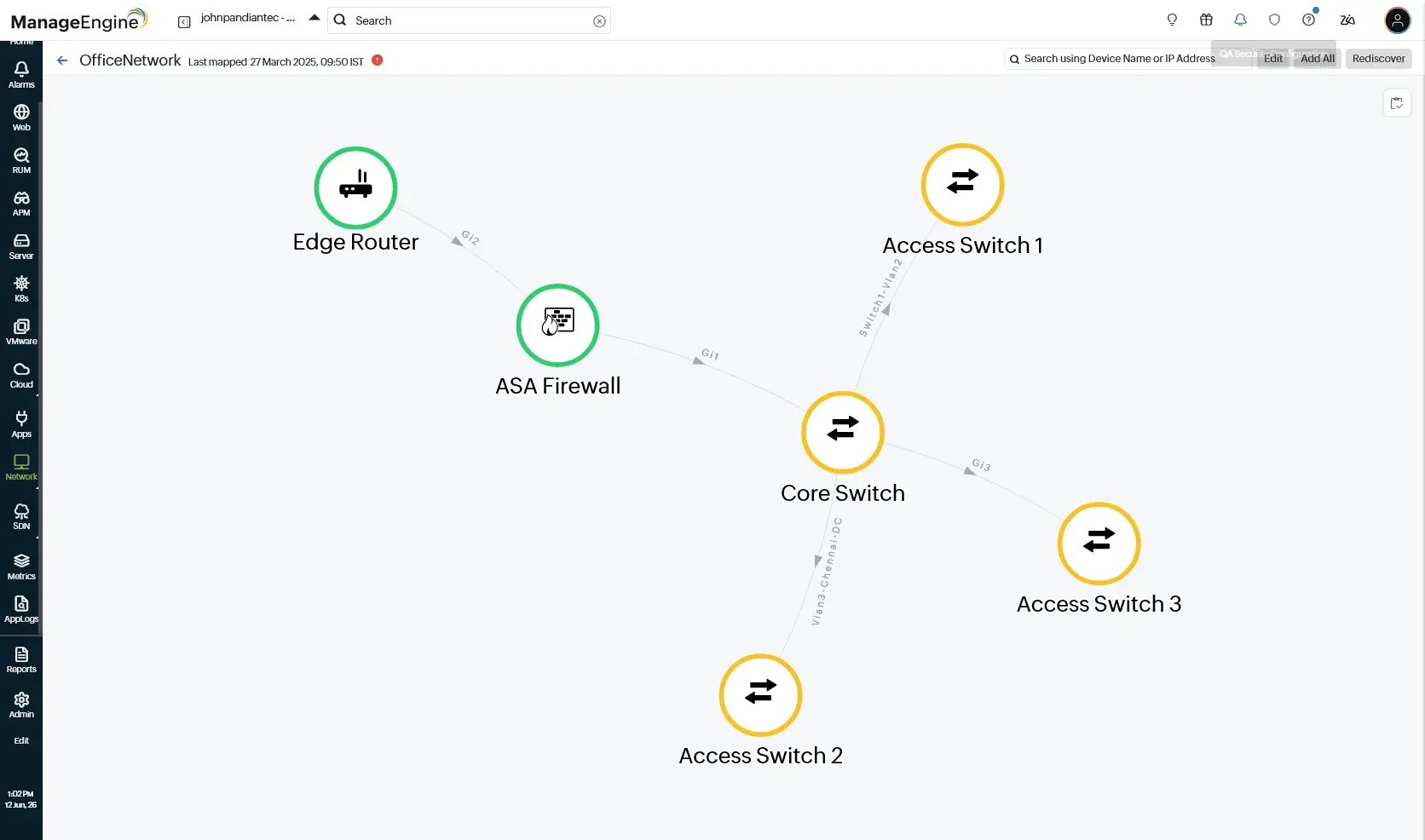 The network topology map of OfficeNetwork showing the edge router, firewall, core switch, and access switches