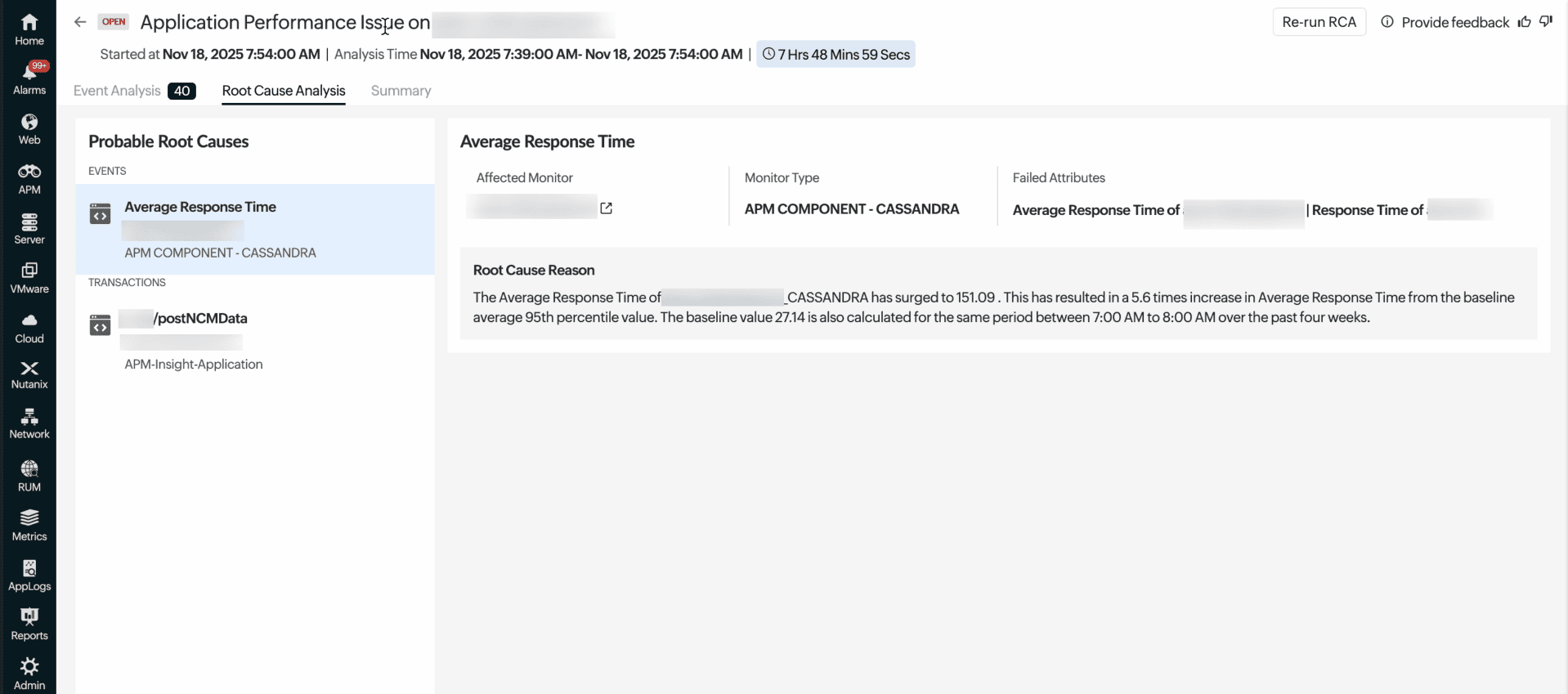 Root Cause Analysis tab showing SQL execution spike and timeout as the probable root cause