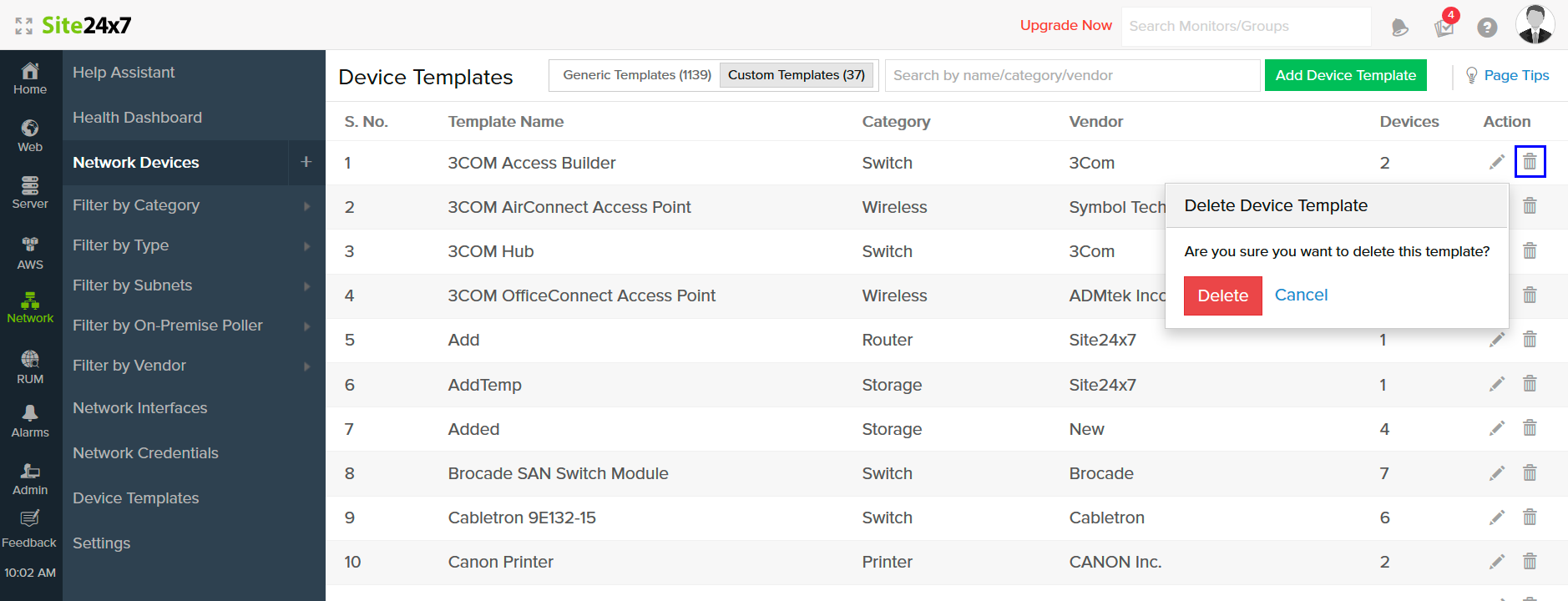 How to delete device templates in OpManager Nexus