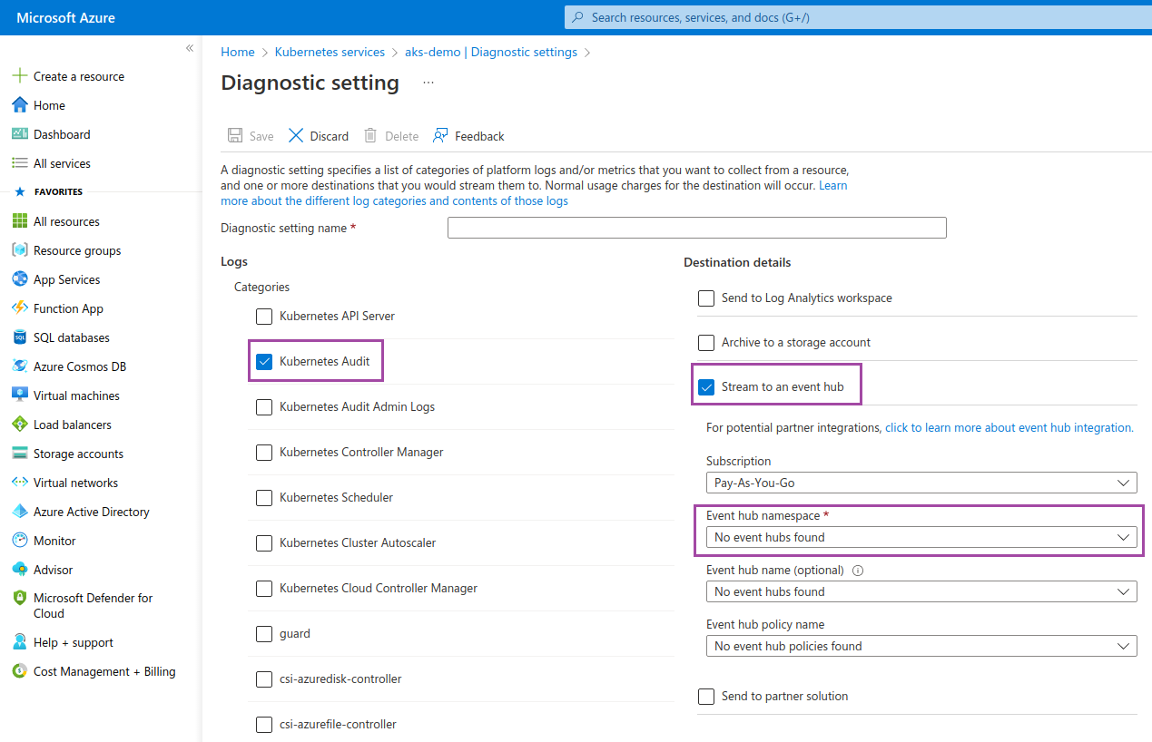 aks-diagnostic-setting Azure diagnostic settings