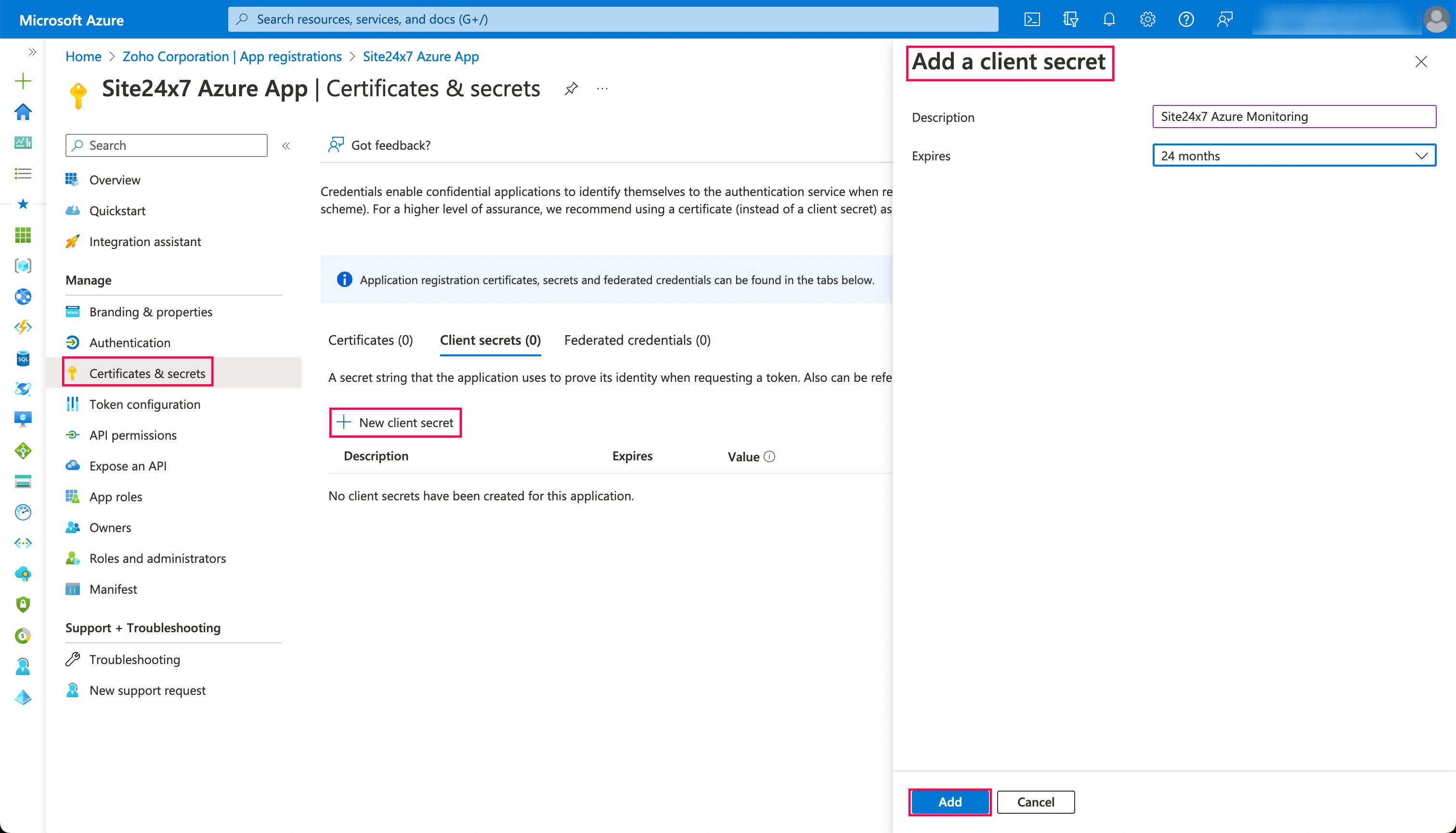 azure-add-client-secret new client secret page