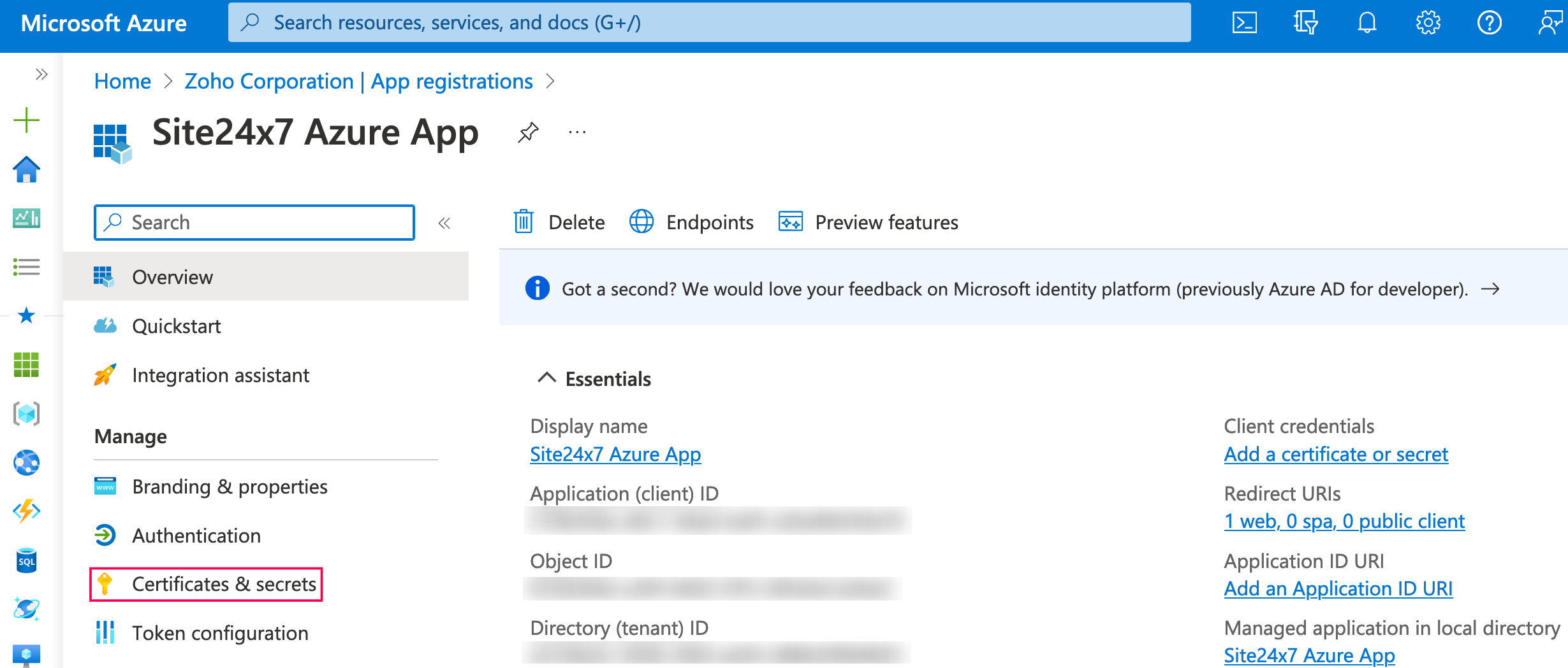 azure-certificates-and-secrets Client secret page