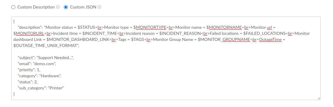 Custom JSON in OpManager Nexus-Freshservice integration