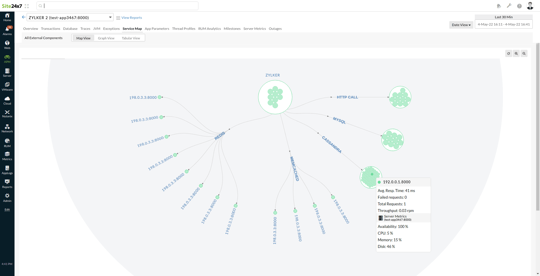 map-view Server metrics of component node