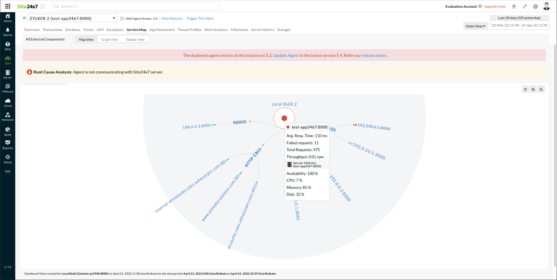 service maps metrics Server metrics of instance node