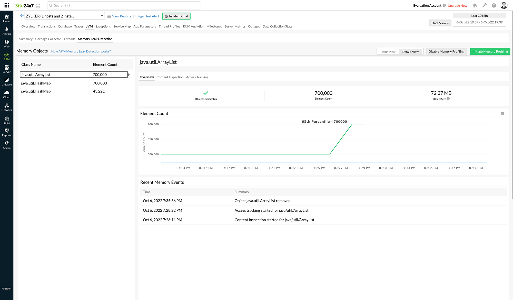 mld-overview-tab Overview tab of memory leak detection